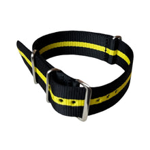 Load image into Gallery viewer, Nylon watch NATO strap black with yellow band, 18mm