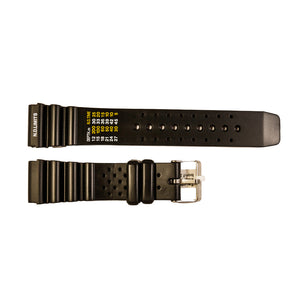 Black rubber diver watch strap with decompression table and stainless steel buckle 22 mm, 24 mm