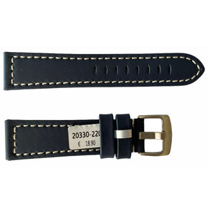 Blue leather watch strap with white engraved thread smooth 22mm