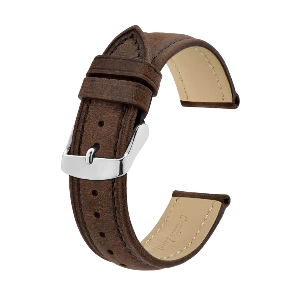 Leather brown watch strap with stainless steel buckle, 20 mm