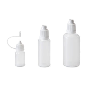 Set of 9 bottles, 5 - 50 ml, white with caps, dosing aids and funnel