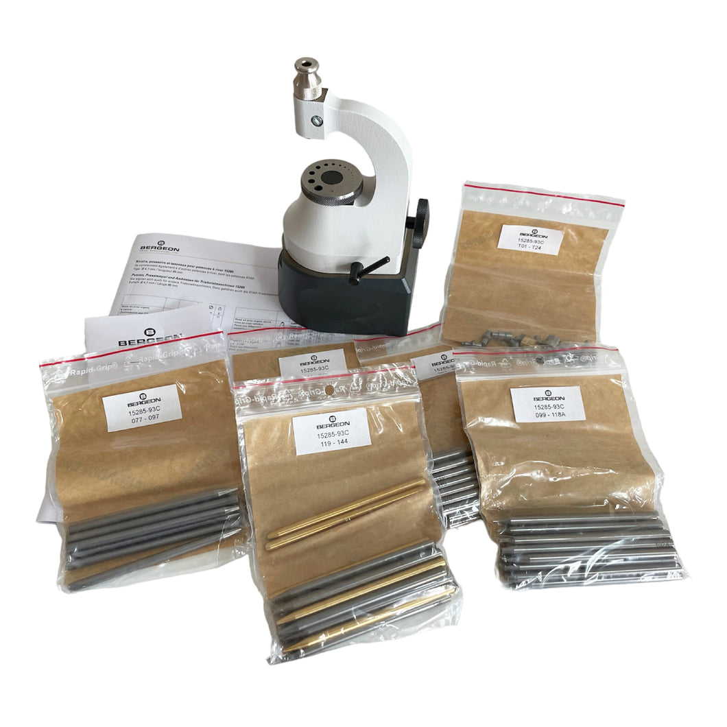 Bergeon 15285-93C staking tool and friction jeweling outfit, with 120 punches and 24 stakes in wooden box