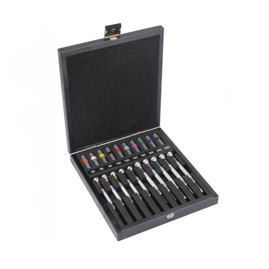 Bergeon 30080-A10 set of 10 chrome screwdrivers in wooden box with spare blades