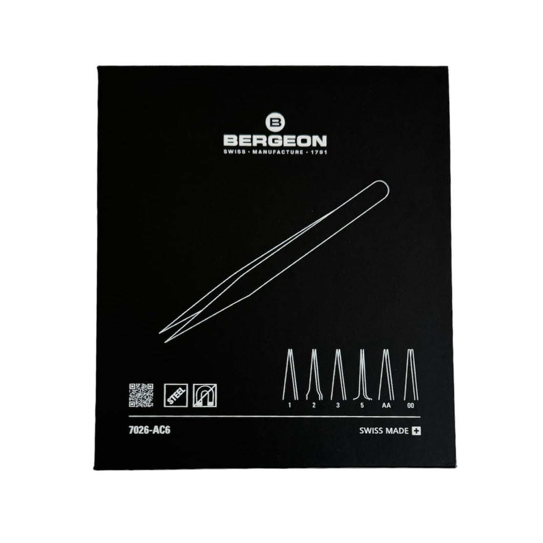 Bergeon 7026-AC6 set of 6 steel precision antimagnetic tweezers in box