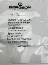 Load image into Gallery viewer, Bergeon 30080-A-10 DI 0.60 mm Steel Screwdriver Blades - Pack of 10
