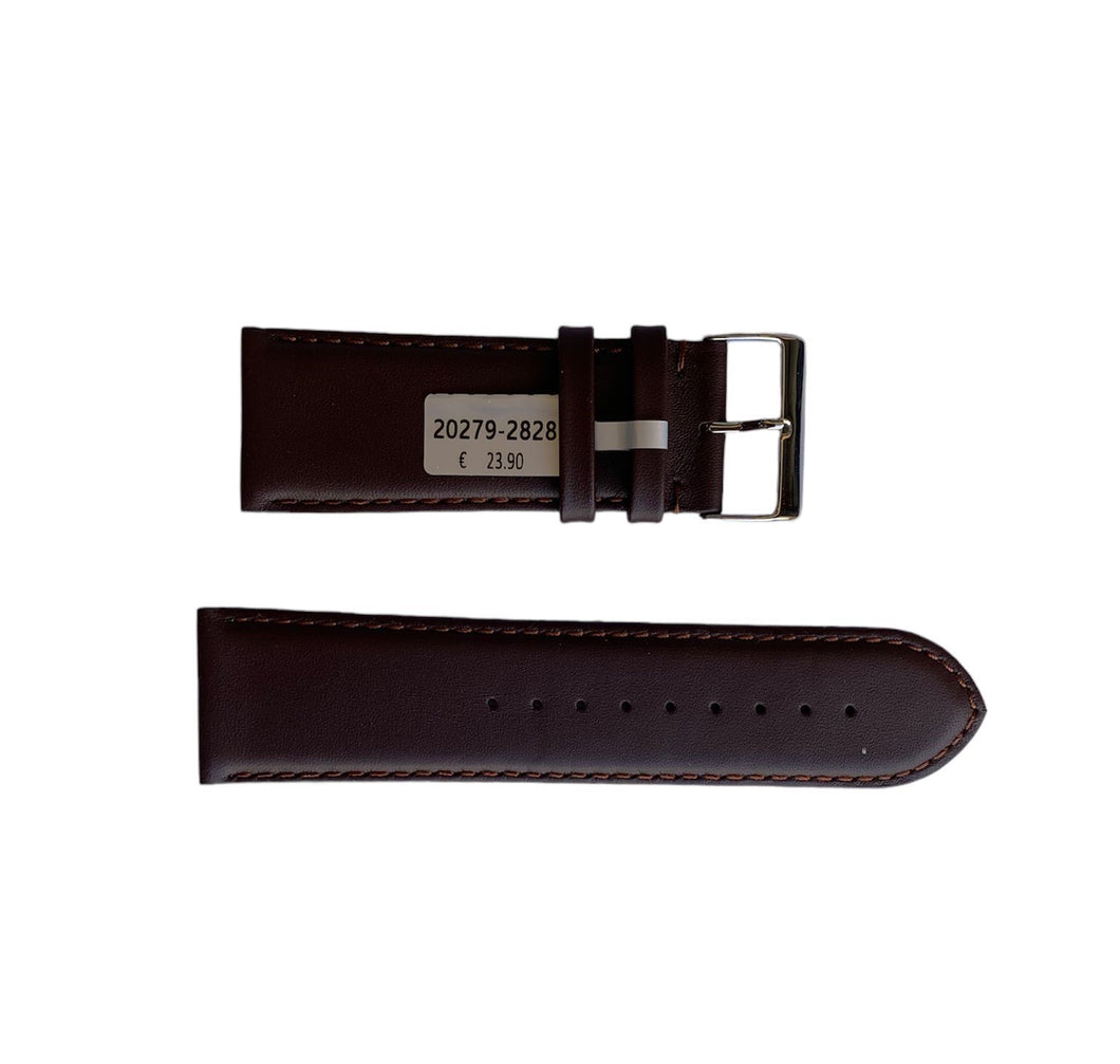 Brown leather smooth strap with stitch for watch 28mm