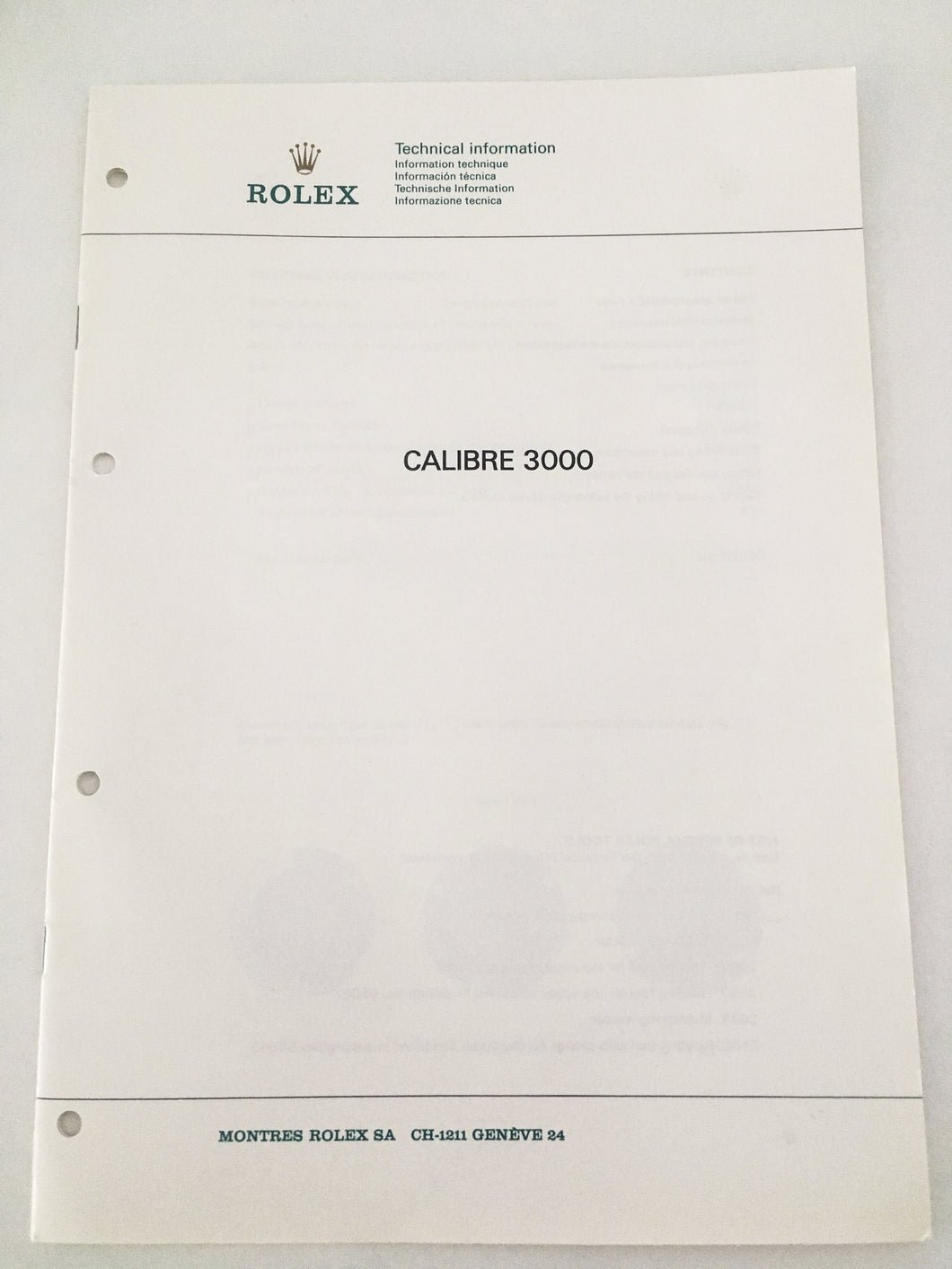 Genuine Rolex caliber 3000 Technical Information Service Catalog