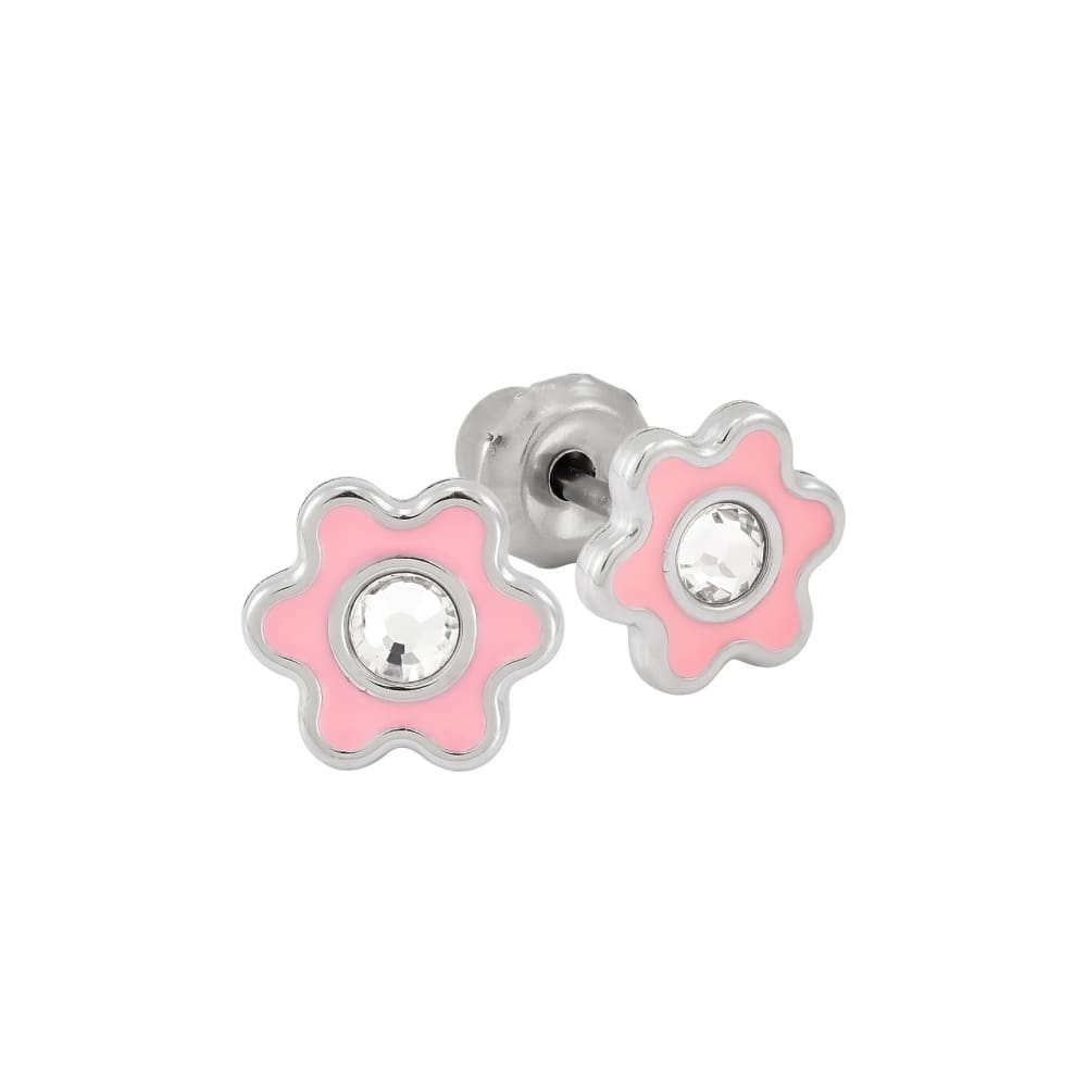 Inverness medical stainless steel 6mm Flower Pink with crystal piercing earrings 009C