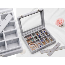 Load image into Gallery viewer, Gugita Grey Velvet Jewellery Box Organiser with Glass Lid
