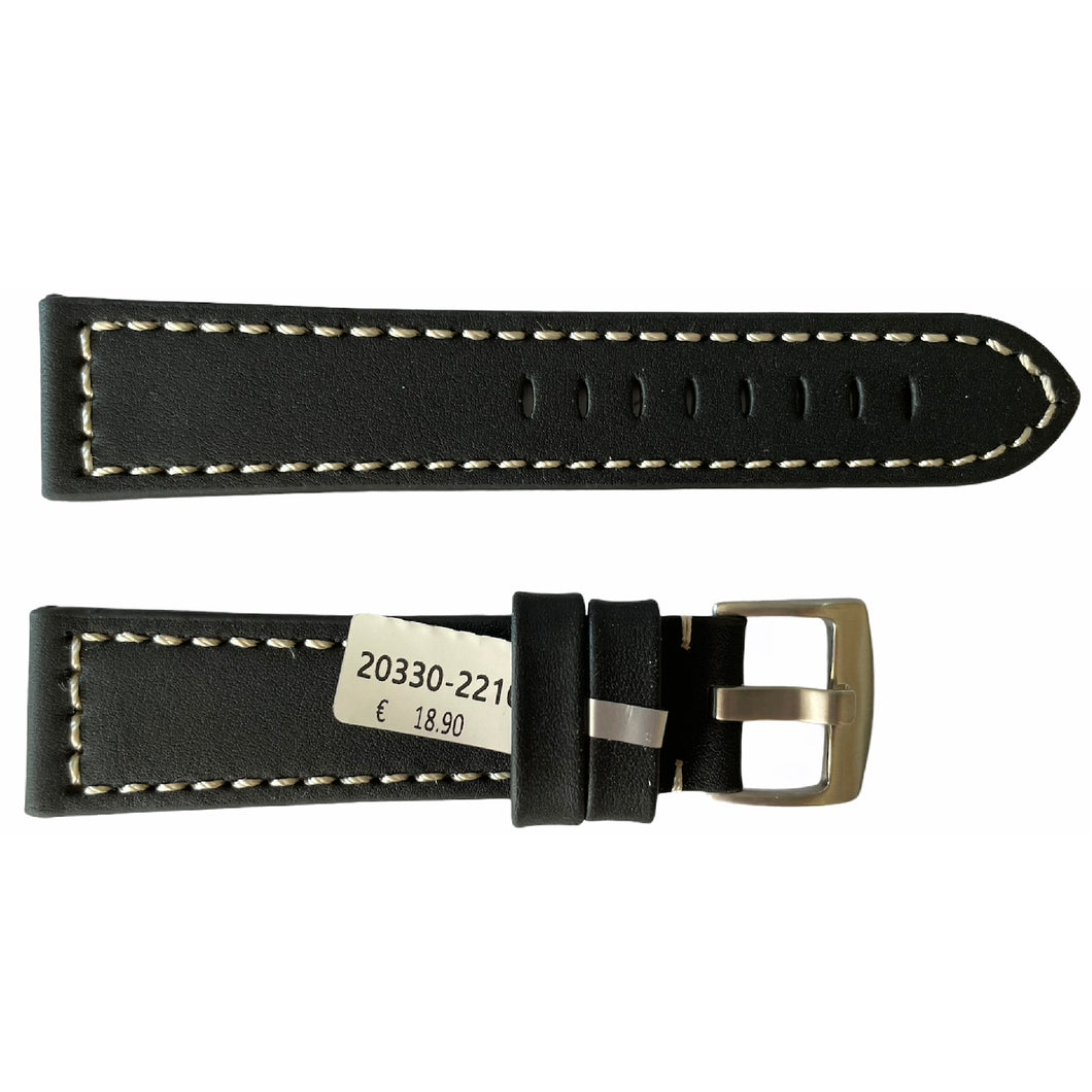 Leather black strap with white engraved thread smooth for watches 22mm