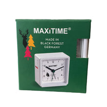Load image into Gallery viewer, Maxitime Black Forest quartz alarm clock with light and snooze button, housing white, dial black
