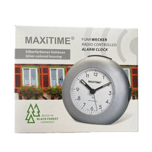 Load image into Gallery viewer, Maxitime radio controlled alarm clock with snooze, crescendo alarm, light, 2 hands, round silver housing

