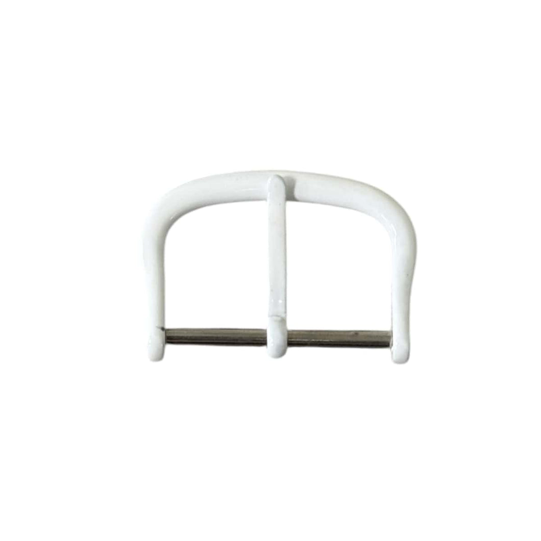 Pin buckle for leather straps, plastic coating white, 14 mm