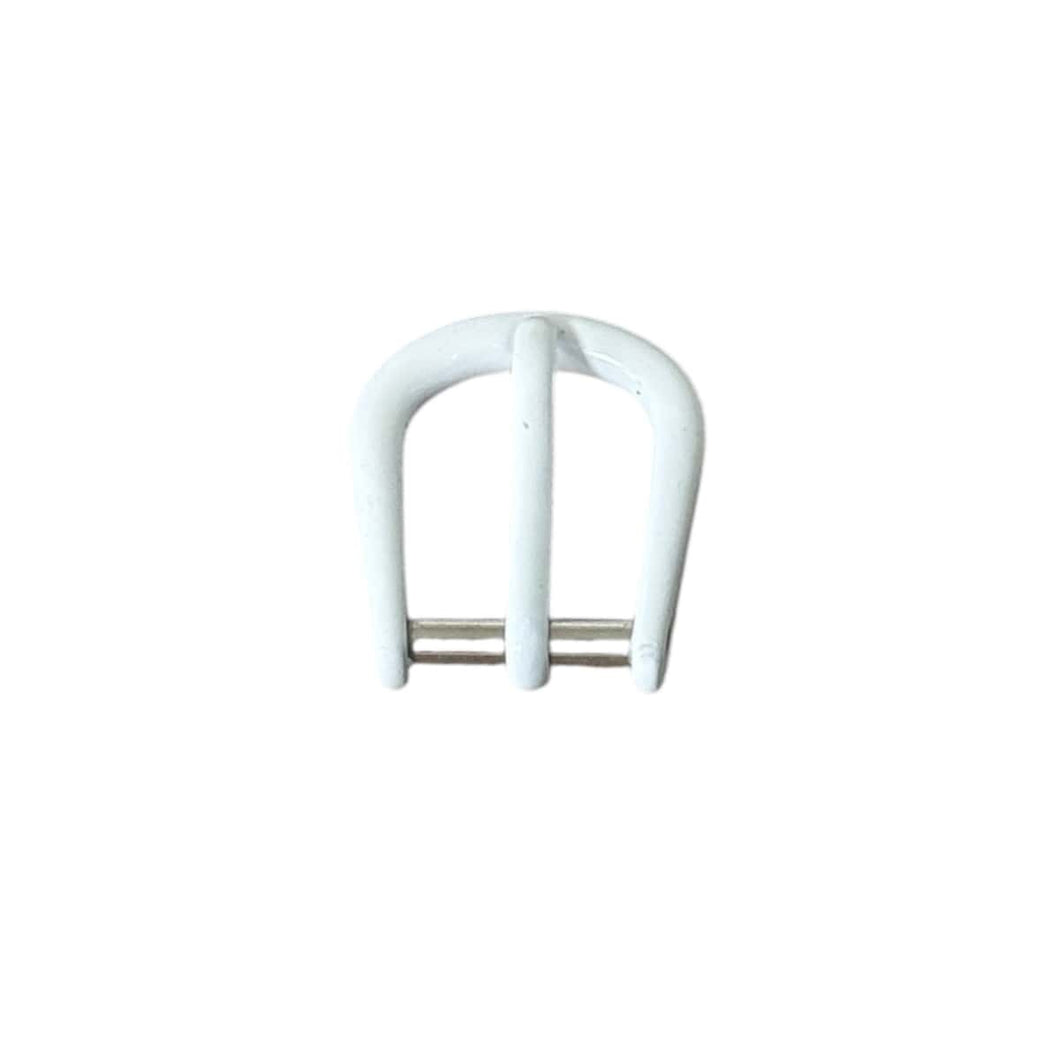 Pin buckle for leather straps, plastic coating white, 8 mm