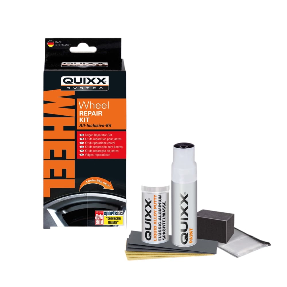 QUIXX Wheel Rim Repair Kit BLACK Liquid Aluminium Filler + Paint Sandp ...