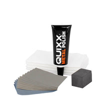 Load image into Gallery viewer, QUIXX Metal Restoration Kit Polish + Sandpapers Restores Gloss &amp; Brushed Metals, High Performance Polish, ref. 10206
