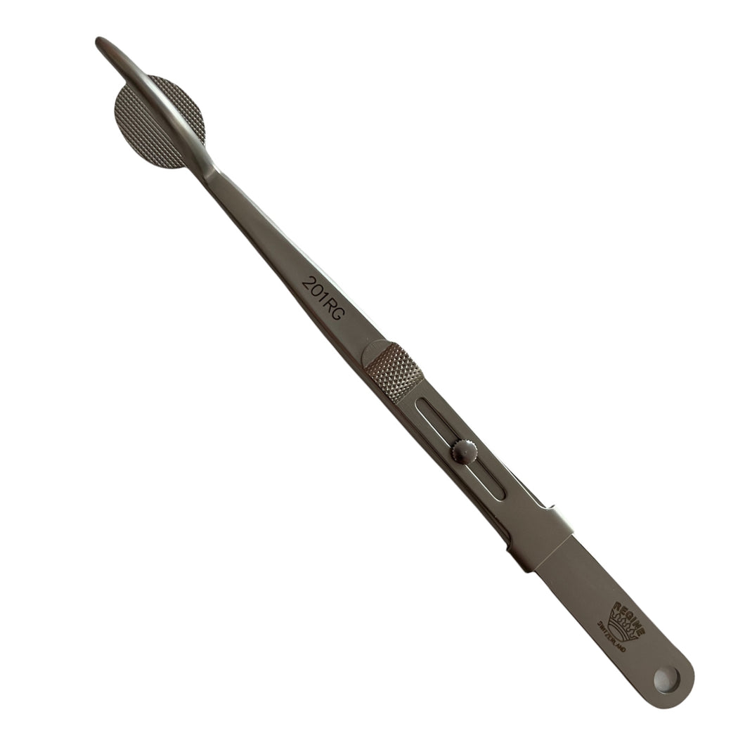 Regine 201RG tweezers with a serrated base and slide lock for holding shanks and settings in position while soldering