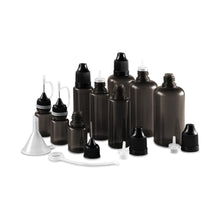 Load image into Gallery viewer, Set of 9 bottles, 5 - 50 ml, black with caps, dosing aids and funnel
