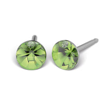 Load image into Gallery viewer, Studex silver (steel) 4mm green stone earrings with peridot motif
