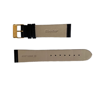 Waterproof black smooth leather watch strap with gold buckle 20mm