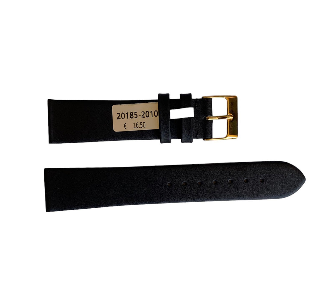 Waterproof black smooth leather watch strap with gold buckle 20mm