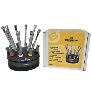 Bergeon 3044-A watchmaker chrome screwdrivers on a rotating base 10 pieces with spare blades
