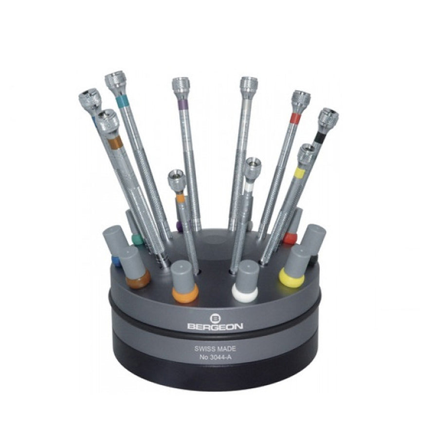 Bergeon 3044-A watchmaker chrome screwdrivers on a rotating base 10 pieces with spare blades