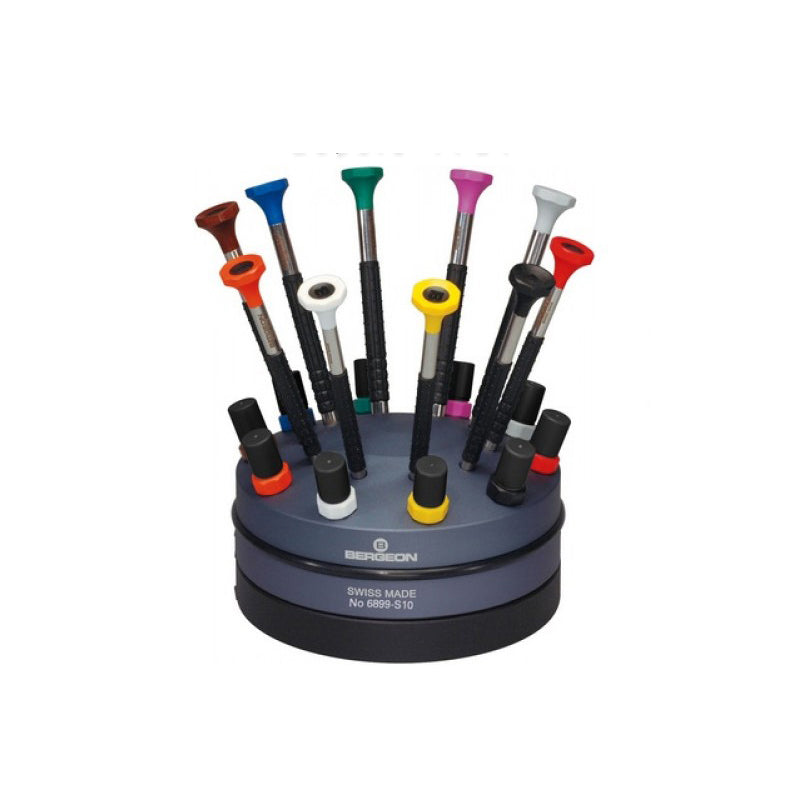 Bergeon 6899-S10 ergonomic screwdrivers with spare blades on a rotating base